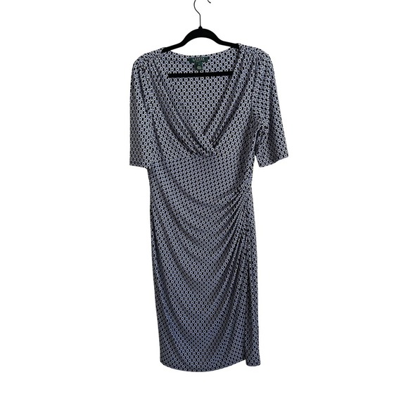 Lauren Ralph Lauren Faux Wrap Stretch Knit Print Midi Dress 12 Work Wear Preppy - Picture 1 of 6